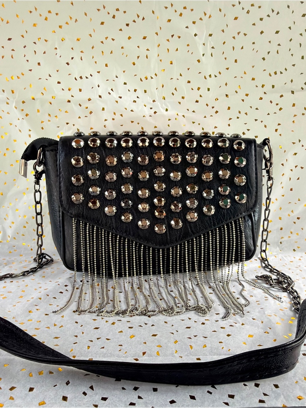 Black Studded Crossbody with Silver Fringe